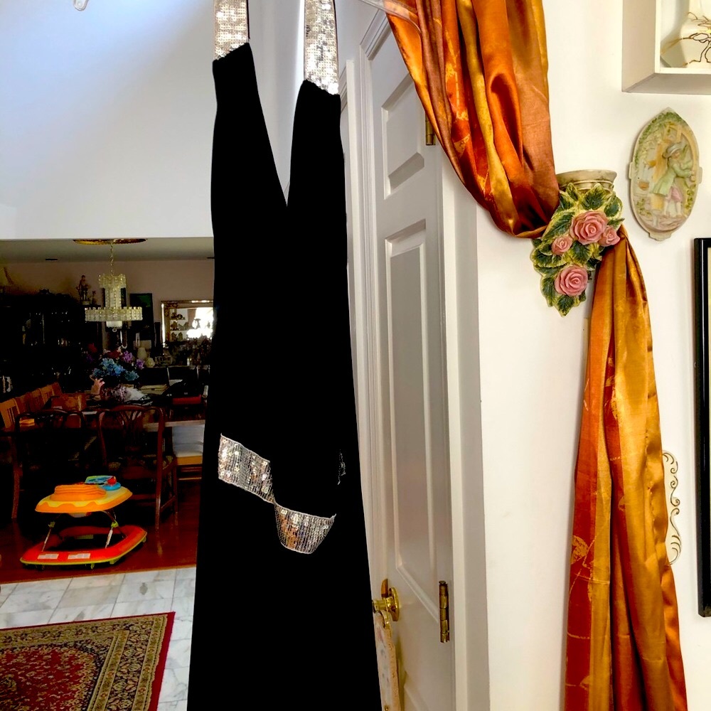 Black Cocktail Dress with Silver Halter Sequins